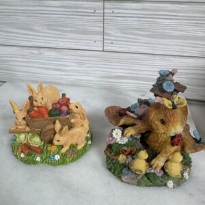 Vintage Bunny Rabbit Figurine Flowers Spring Easter lot of 2